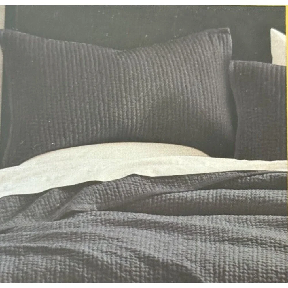 Donna Karan King Quilted Pillow Sham Black Velvet Hand Stitched 20x36